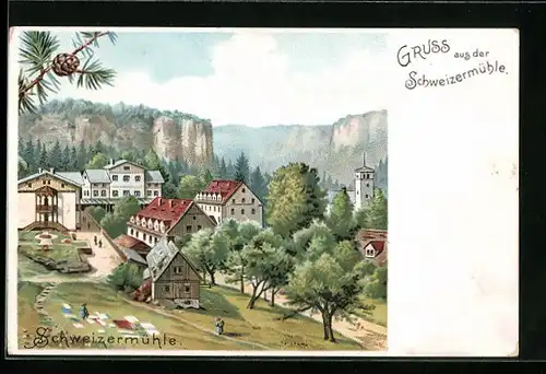 Lithographie Schweizermühle i. Sa., Panorama