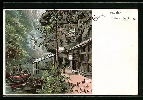 Lithographie Hinterhermsdorf /Sächs. Schweiz, Bootstation an der hinteren Schleuse