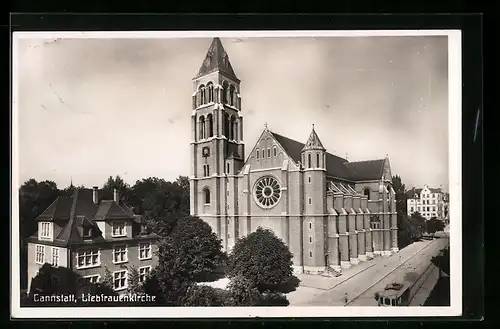 AK Cannstatt, Liebfrauenkirche mit Strassenbahn