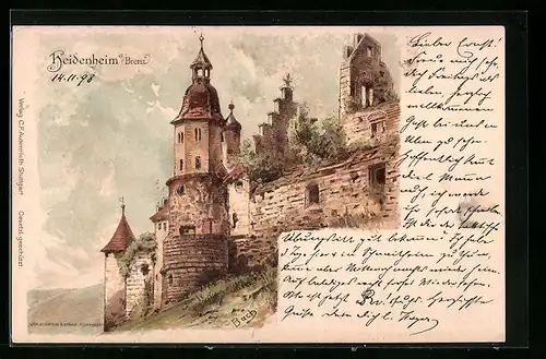 Lithographie Heidenheim a. Brenz, Blick zum Schloss