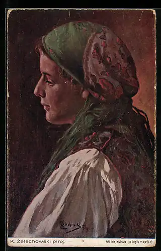 Künstler-AK Portrait einer polnischen Frau im Profil
