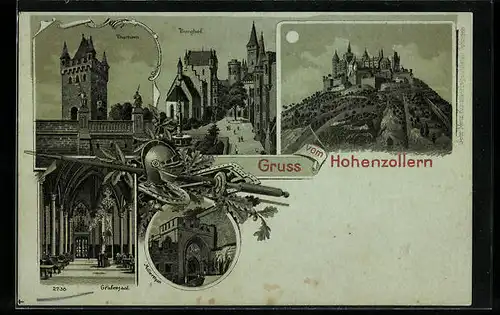 Mondschein-Lithographie Hohenzollern, Burghof, Grafensaal u. Thorturm