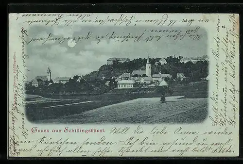 Mondschein-AK Schillingsfürst, Ortsansicht im Vollmondlicht
