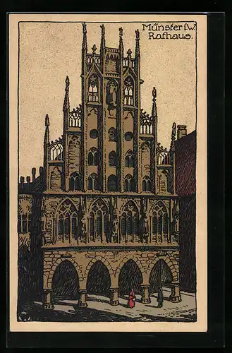 Steindruck-AK Münster i. W., Abbild v. Rathaus