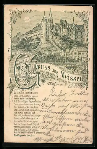 Lithographie Meissen, Im Burgthor wird Wein getrunken, es grüsst der Wirt Otto Wagner