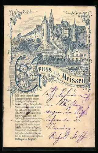 Lithographie Meissen, Grüsse aus dem Burgthor, vom Wirt Otto Wagner