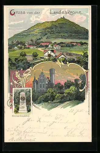 Lithographie Bautzen, Hotel-Restaurant Landeskrone, Körner Denkmal