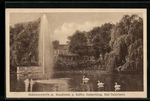 AK Bad Salzelmen, Schwanenteich mit Konditorei und Cafe