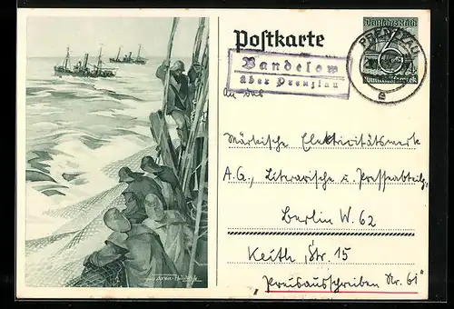 AK Ganzsache WHW Winterhilfswerk, Fischer werfen auf hoher See die Netze aus