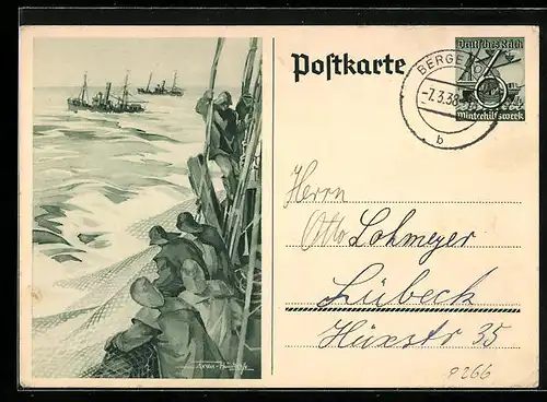 AK Ganzsache WHW Winterhilfswerk, Fischer werfen auf hoher See die Netze aus