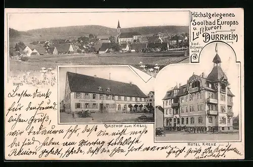 AK Dürrheim, Gasthof zum Kreuz, Hotel Kreuz, Teilansicht mit Kirche