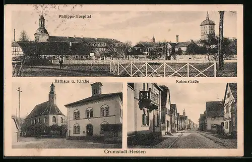 AK Crumstadt, Rathaus und Kirche, Kaiserstrasse, Philipps-Hospital