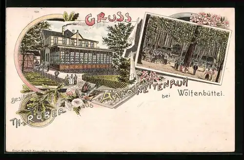 Lithographie Wolfenbüttel, Gasthof Antoinettenruh mit Konzertgarten