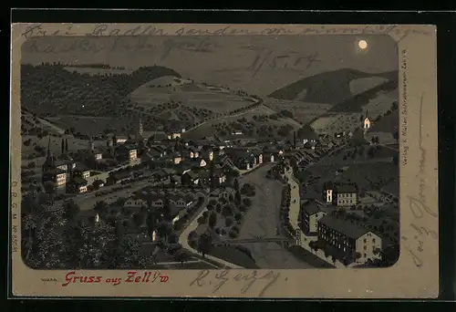 Mondschein-Lithographie Zell i. W., Teilansicht bei Vollmond
