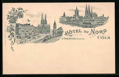 Lithographie Köln, Hotel du Nord J. Friedrich, Uferpartie mit Dom