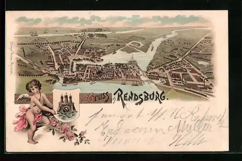 Lithographie Rendsburg, Gesamtansicht aus der Vogelschau, Engel mit Wappen