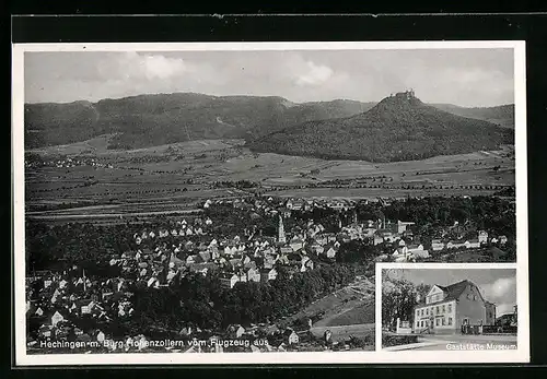 AK Hechingen, Ortsansicht m. Burg Hohenzollern u. Gaststätte Museum, Inh. Fritz Bär