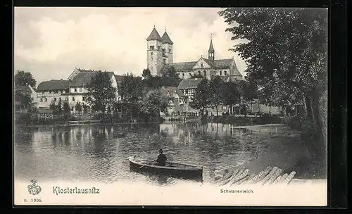 AK Klosterlausnitz, Ortspartie am Schwanenteich, Ruderboot