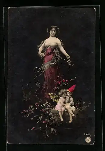 AK Junge Frau im Kleid mit Elfe und Zwerg