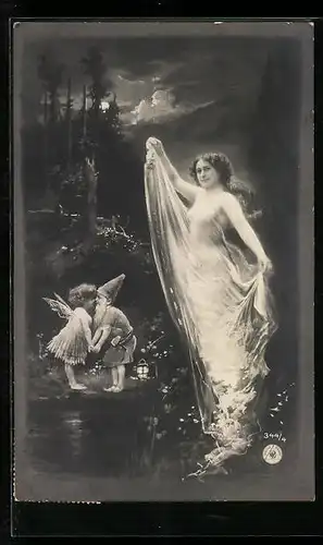 Künstler-AK Waldfee, Zwerg und Engel im nächtlichen Wald