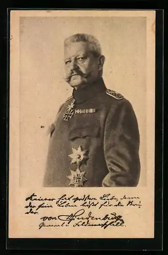 AK Portrait Generalfeldmarschall Paul von Hindenburg in Uniform mit Ordenspange & Eisernes Kreuz