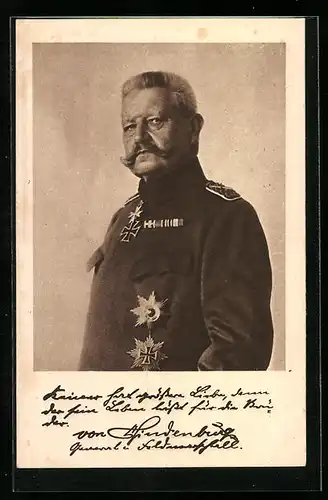 AK Portrait Generalfeldmarschall Paul von Hindenburg in Uniform mit Ordenspange & Eisernes Kreuz