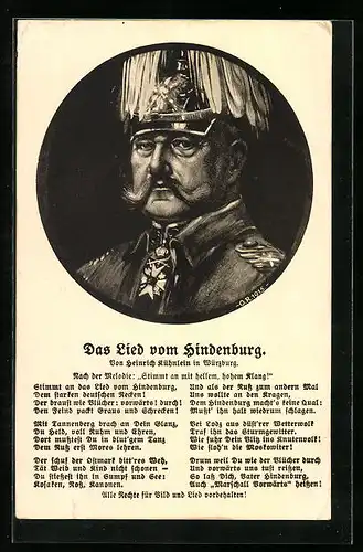 Künstler-AK Portrait des Generalfeldmarschalls Paul von Hindenburg, Das Lied vom Hindenburg