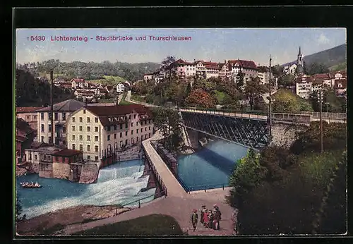 AK Lichtensteig, Stadtbrücke und Thurschleusen, Blick auf Kirche und Häuser