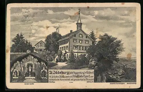 Künstler-AK St. Iddaburg, Lourdes-Grotte, Burgruine