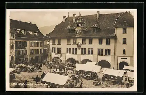 AK Thun, Rathausplatz und Rathaus mit Marktständen