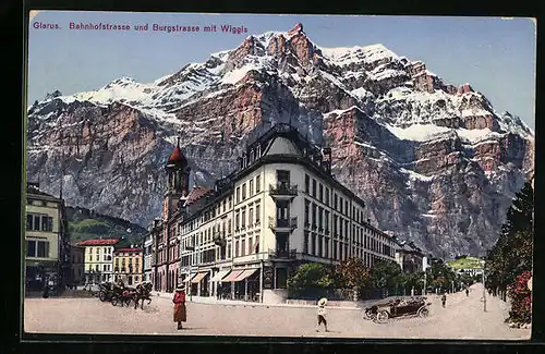 AK Glarus, Bahnhofstrasse und Burgstrasse mit Wiggis