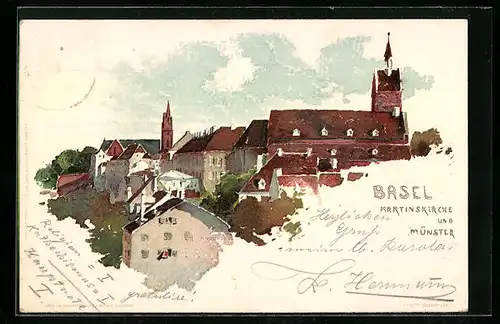 Lithographie Basel, Martinskirche und Münster