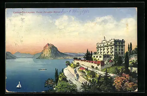 AK Castagnola-Lugano, Hotel Pension Müller mit Uferstrasse und Insel