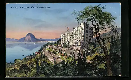 AK Castagnola-Lugano, Hotel Pension Müller mit Uferstrasse und Inselblick