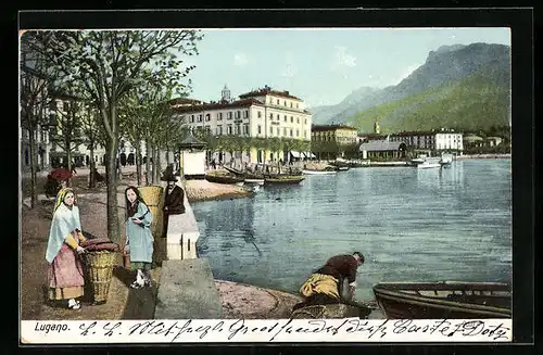 AK Lugano, Quai mit Fischer und Frauen