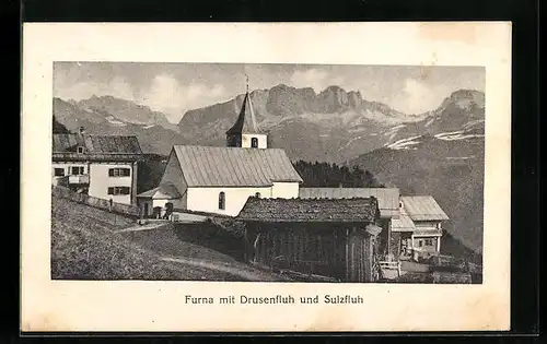 AK Furna, Teilansicht mit Kirche gegen Drusenfluh und Sulzfluh