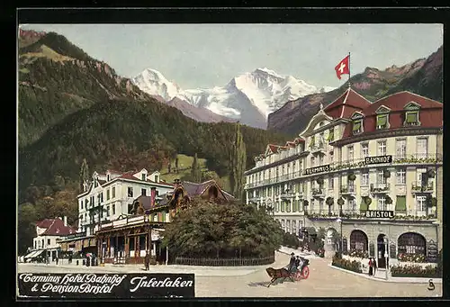 AK Interlaken, Terminus Hotel Bahnhof, Pension Bristol, Gebirge