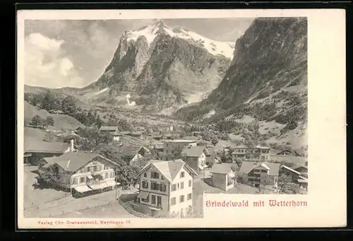 AK Grindelwald, Ortsansicht mit Wetterhorn aus der Vogelschau