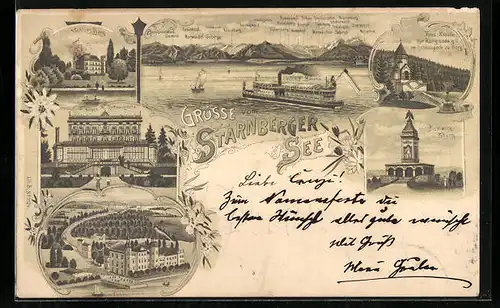 Lithographie Berg /Starnberger See, Dampf-Schiff Bavaria, Schloss Berg und Bismarck-Thurm