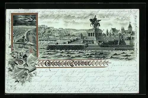 Lithographie Coblenz, Deutsches Eck mit Denkmal