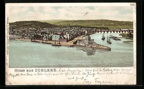 Lithographie Coblenz, Panorama mit Denkmal am Rheinufer