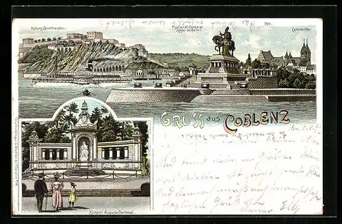Lithographie Coblenz, Ortsansicht mit Provinzial-Denkmal Wilhelm I., Kaiserin-Augusta-Denkmal