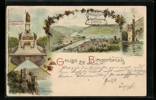 Lithographie Rüdesheim / Rhein, Nationaldenkmal a.d. Niederwald, Rheinstein, Panorama, Mäuseturm