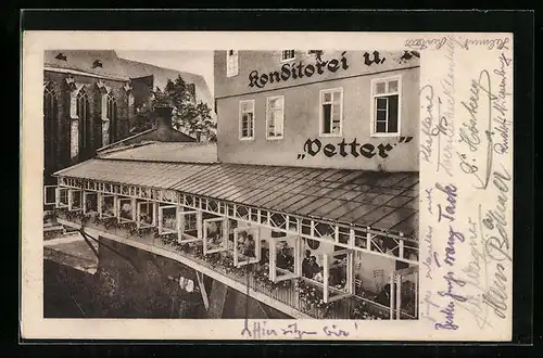 AK Marburg, Konditorei-Cafe Vetters, Terrasse mit Gästen