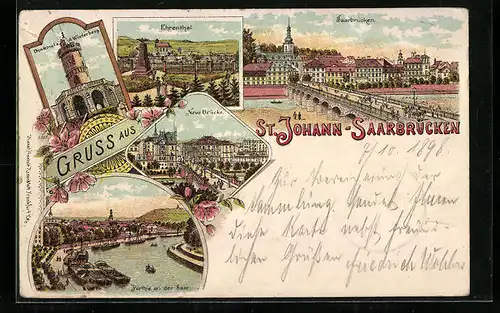 Lithographie St. Johann-Saarbrücken, Ehrental, Neue Brücke, Partie an der Saar, Denkmal auf dem Winterberg