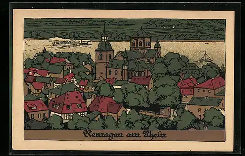 Steindruck-AK Remagen am Rhein, Ortsansicht aus der Vogelschau