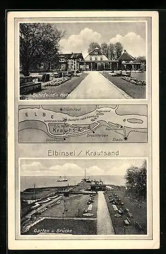 AK Krautsand /Elbe, Buhrfeind`s Hotel, Garten und Brücke, Landkarte mit Drochtersen, Stade und Brunshausen