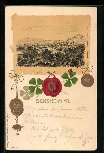 Lithographie Bensheim a. B., Stadtpanorama mit geprägtem Hufeisen