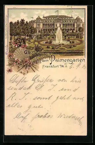 Lithographie Frankfurt-Westend, Palmengarten mit Springbrunnen