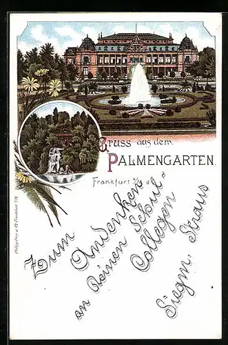 Lithographie Frankfurt-Westend, Wasserfall u. Fontaine im Palmengarten